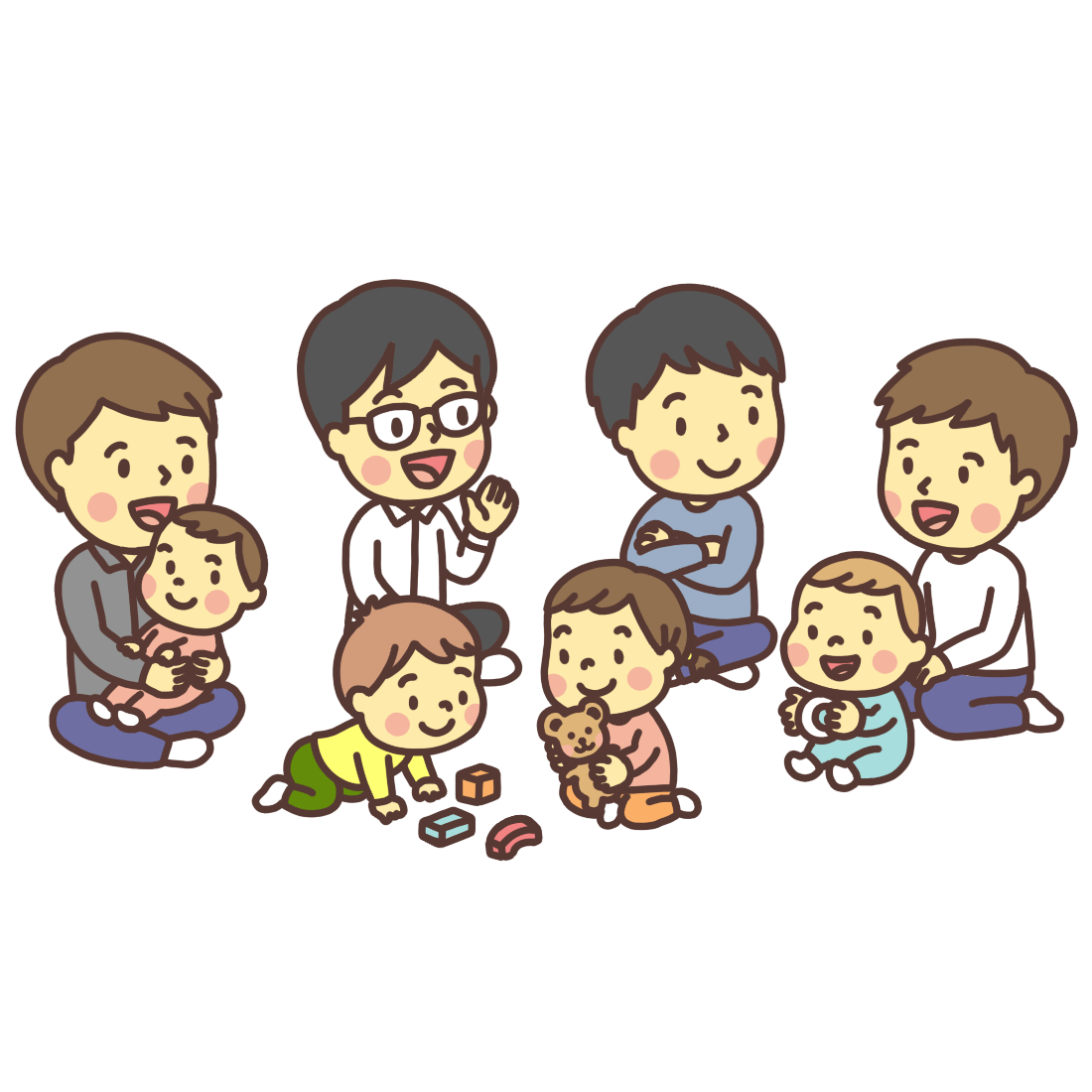 4人の父親（親子）が輪になって話をするイラスト