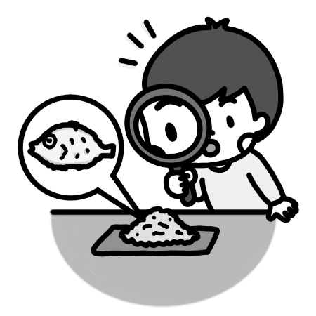 虫眼鏡でちりめんじゃこの中から魚（ちりめんモンスター）を発見する子どものイラスト モノクロ