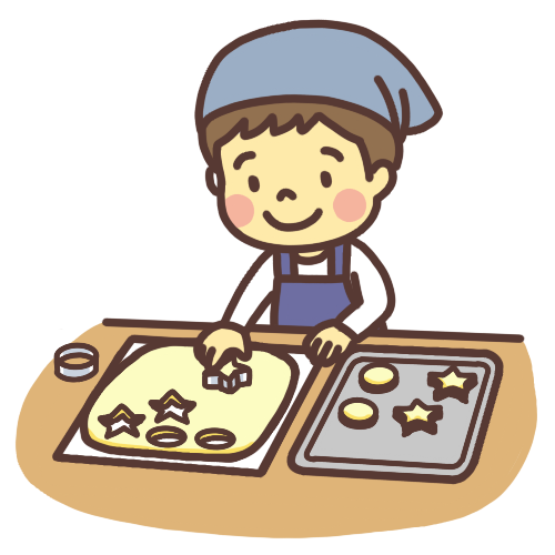 クッキーやパイ生地の型を抜いてお菓子作りをする子どものイラスト