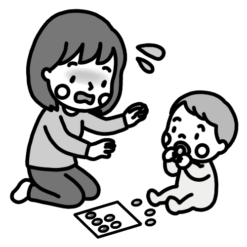 シールを誤嚥（ごえん）しそうになる乳幼児（赤ちゃん）のイラスト 白黒