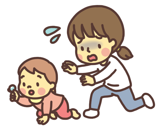 部屋の中に落ちている物を誤飲(ごいん)しそうになる子ども(赤ちゃん)のイラスト