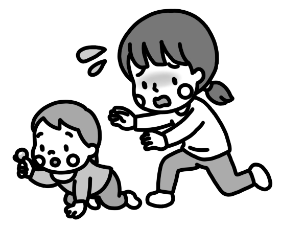 部屋の中に落ちている物を誤飲(ごいん)しそうになる子ども(赤ちゃん)のイラスト 白黒