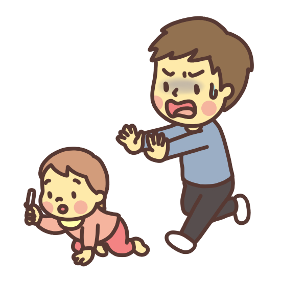 部屋の中に落ちているタバコを誤飲(ごいん)しそうになる子ども(赤ちゃん)のイラスト