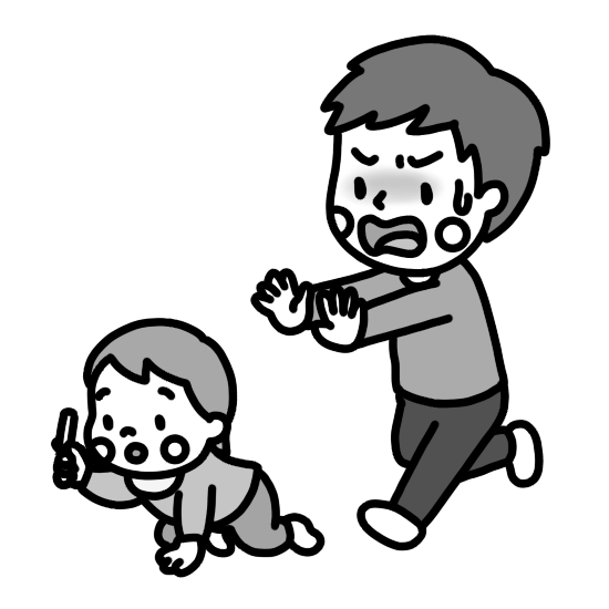 部屋の中に落ちているタバコを誤飲(ごいん)しそうになる子ども(赤ちゃん)のイラスト 白黒