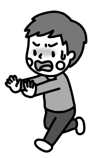 冷や汗をかいて慌てて駆け寄る父親のイラスト 白黒