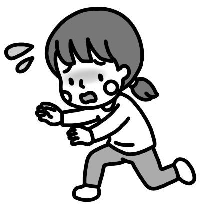 汗をかいて慌てて駆け寄る母のイラスト 白黒