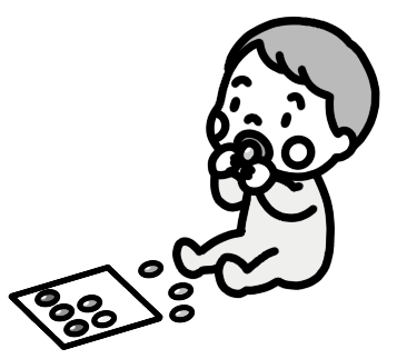 シールを口に入れる乳幼児（赤ちゃん）のイラスト 白黒