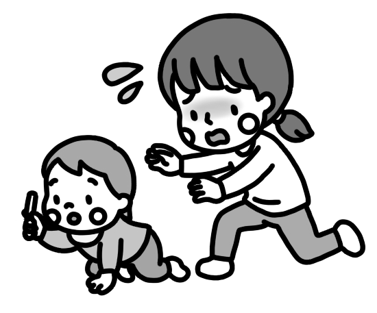 タバコを誤飲しそうになる子どもを見て慌てる母親のイラスト 白黒