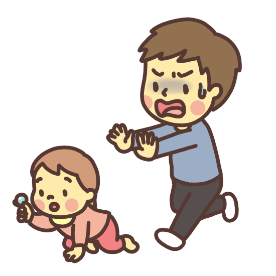 部屋の中に落ちている物を誤飲しそうになる子どもと慌てる父親のイラスト