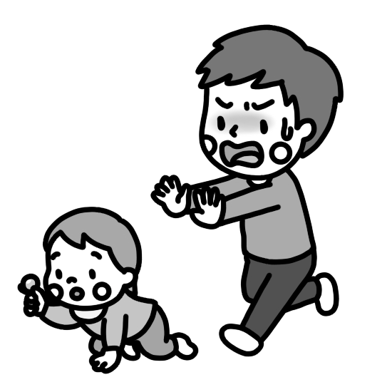 部屋の中に落ちている物を誤飲しそうになる子どもと慌てる父親のイラスト 白黒