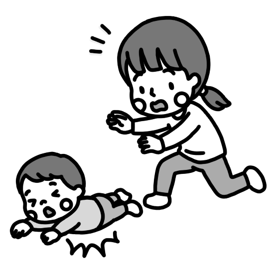 転ぶ子ども(乳幼児)に駆け寄る母親のイラスト 白黒