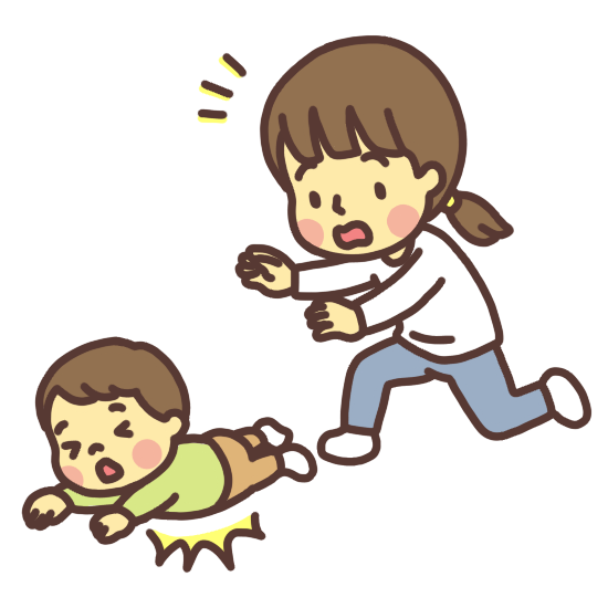 転ぶ子ども(乳幼児)に駆け寄る母親のイラスト