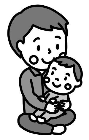 膝の上で赤ちゃんを抱っこする父親のイラスト 白黒