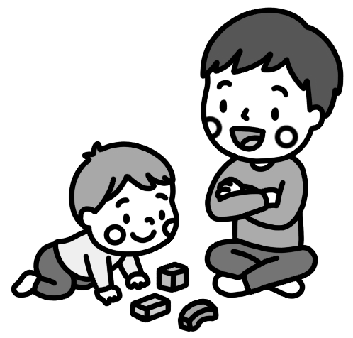 積み木で遊ぶ幼児を見守る父親のイラスト 白黒
