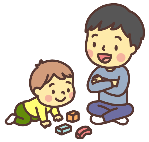 積み木で遊ぶ幼児を見守る父親のイラスト
