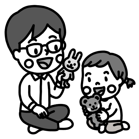ぬいぐるみで遊ぶ幼児と父親のイラスト 白黒