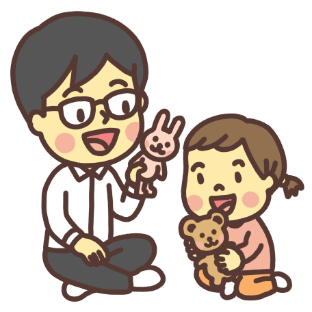 ぬいぐるみで遊ぶ幼児と父親のイラスト