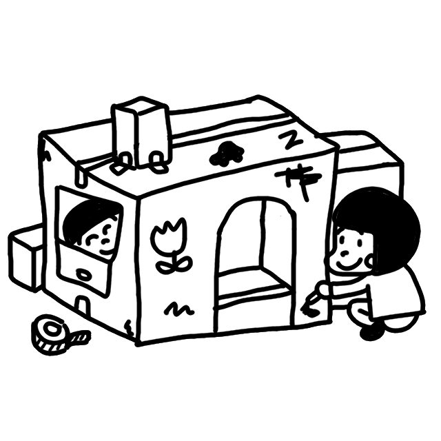 ダンボールで秘密基地を作る子どものイラスト 白黒イラストのフリー素材集 イラストバンク モノクロ支店