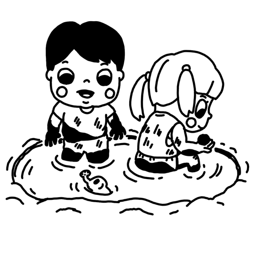 泥の水溜まりで遊ぶ子どものモノクロイラスト イラストバンク 白黒ヤギ支店