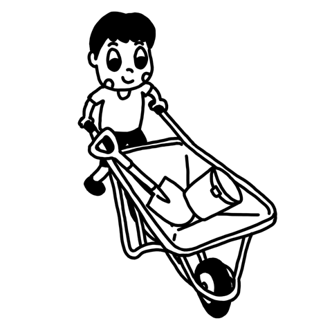 一輪車（猫車）で荷物を運ぶ子どものイラスト