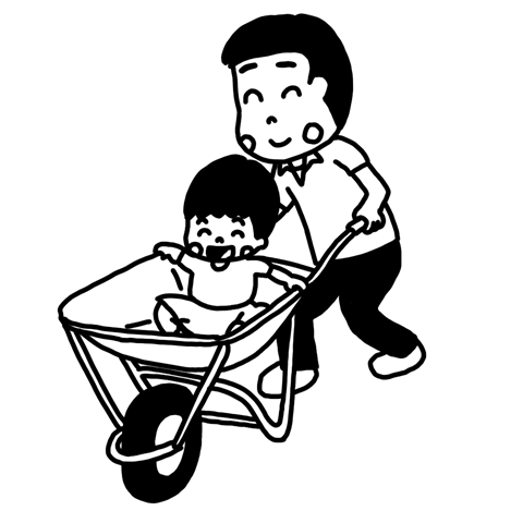 一輪車 猫車 で子どもを運ぶ大人のモノクロイラスト 白黒イラストのフリー素材集 イラストバンク モノクロ支店