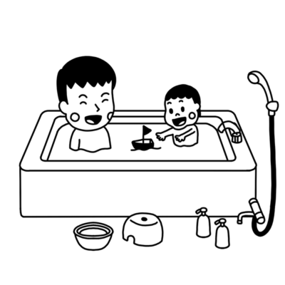 風呂で遊ぶ親子のモノクロイラスト
