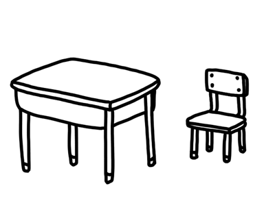 教室の机と椅子のモノクロイラスト
